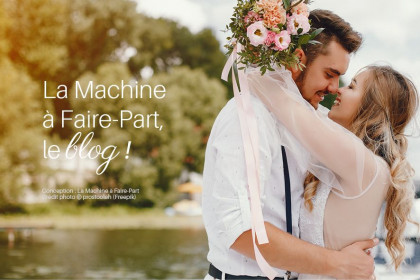 Visuel d'un couple de jeunes mariés qui s'embrasse devant un lac pour illustrer l'article La Machine à Faire-Part, le blog !